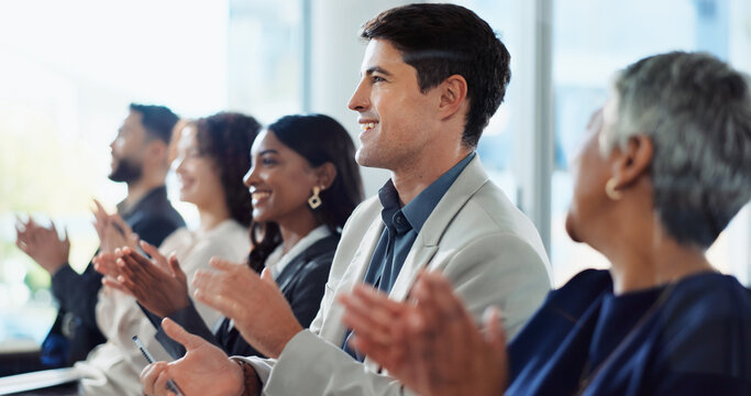 Happy, business people and meeting with applause for presentation, thank you or well done at office. Group, employees or team clapping with smile for good job, speech or congratulations at workplace