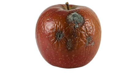 Close-up of a rotten apple showcasing surface imperfections and decay