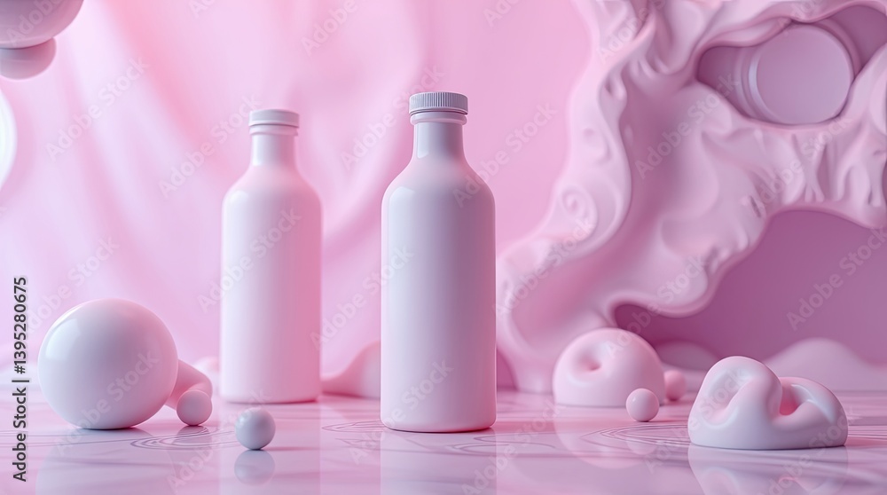 Poster two pink bottles positioned with spheres and abstract fluid forms