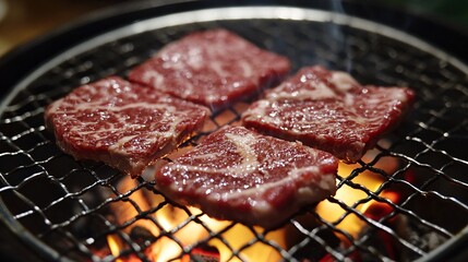 Sizzling Beef Barbecue Grilling on Wire Rack Over Glowing Coals in Outdoor BBQ Setup