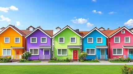 Row of colorful houses under a bright sky