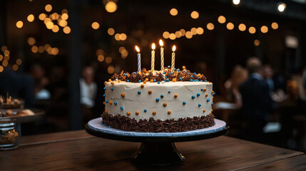 A beautifully decorated cake with candles sits on a table, surrounded by soft warm lights, creating a festive atmosphere for a celebration.