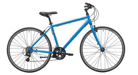 Obraz premium A vibrant blue bicycle parked against a white background, showcasing its sleek design and features