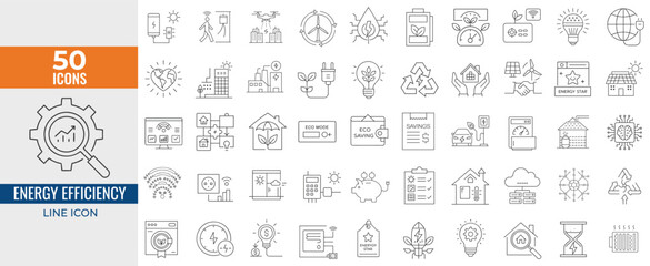Editable Energy Efficiency Icon Set – Includes Light Bulb, Sustainability, Electricity, Consumption, Home, Cost Reduction, Savings, Lightning Bolt & More Vector Illustration