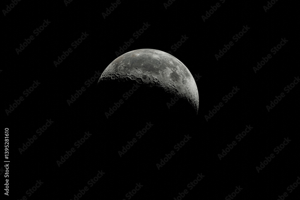 Poster moon with shadow in dark space. moon surface with craters.