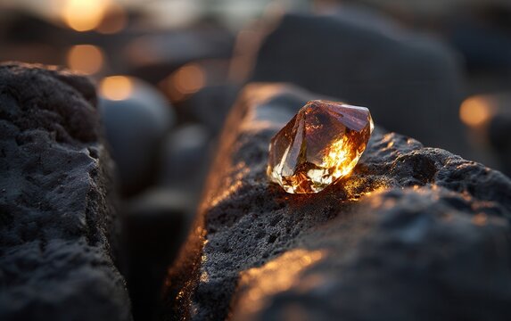 A shiny topaz nestled between dark volcanic rocks, golden sunset light reflecting off the surface