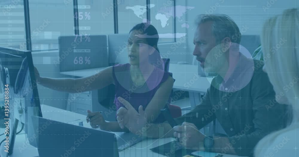 Poster discussing data, business professionals with digital analytics overlay in office setting