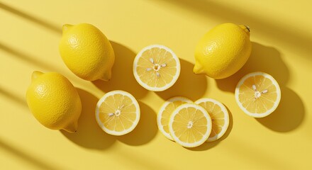 Fresh whole and sliced lemons on vibrant yellow background in sunlight