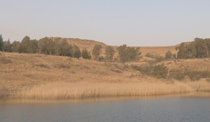 Landscape of lake and mountains, nature view and sky, 3D illustration