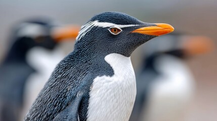 Naklejka premium Penguin is standing on a beach with its head tilted to the side. The penguin is looking at the camera, and its orange beak is visible. The scene is peaceful and serene