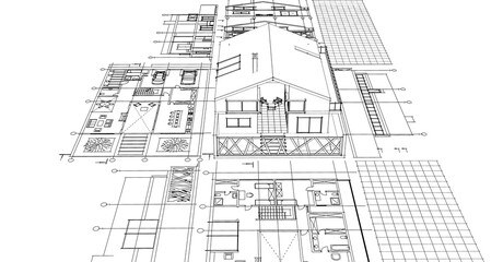  house architectural project sketch 3d illustration