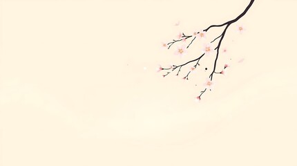 Minimalist Cherry Blossom Branch Illustration: Delicate Pale Pink Flowers and Dark Twigs on a Light Cream Background
