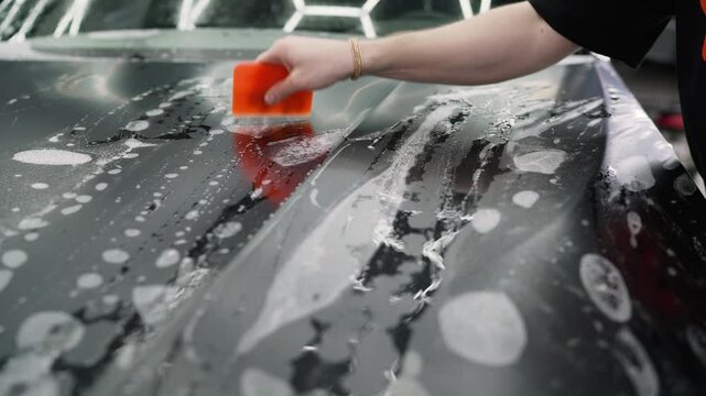Skilled automotive professional carefully protecting car hood surface by precisely applying transparent vinyl film using specialized squeegee technique