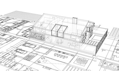  house architectural project sketch 3d illustration