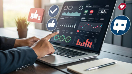 person analyzing social media metrics on laptop screen, with graphs, charts, and icons representing likes, comments, and engagement