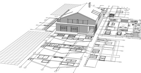  house architectural project sketch 3d illustration