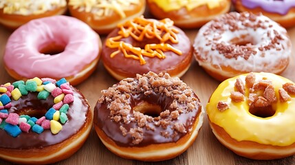 A vibrant assortment of colorful donuts with various toppings, perfect for a delightful and fun treat.

