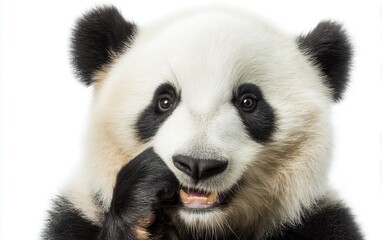 Cheerful panda with paw near mouth and friendly smile, clean white backdrop, soft lighting, cute bear expression