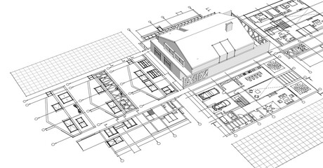  house architectural project sketch 3d illustration