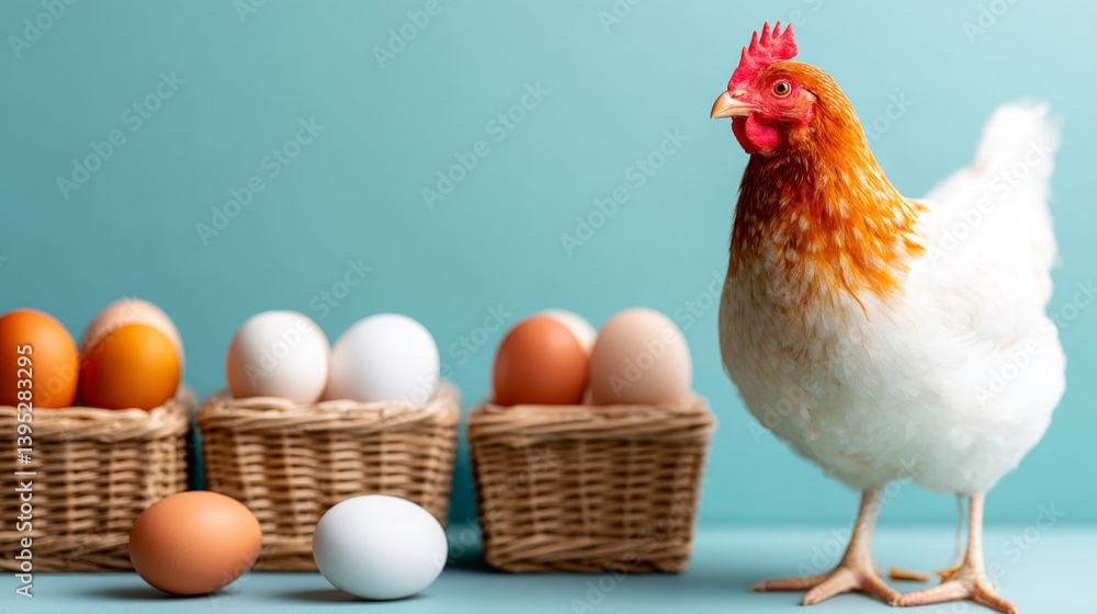 Poster chicken stands in front of a basket of eggs. the basket of eggs is in front of the chicken and is pl