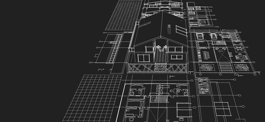  house architectural project sketch 3d illustration