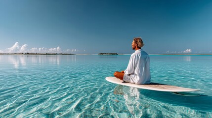 Man is sitting on a surfboard in the ocean. The water is calm and blue. The man is looking out at the water, and the scene is peaceful and serene