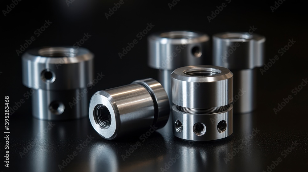 Poster Close-up of precisely machined metal parts with threaded inserts and multiple holes, arranged on a dark reflective surface.