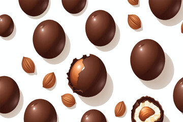 Fototapeta premium Chocolate balls and half with hazelnut isolated on white, top view