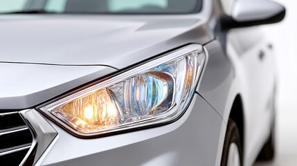 Silver car with a bright headlight. The headlight is lit up and the car is parked