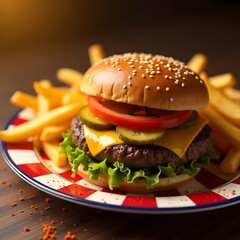 A juicy cheeseburger with melted cheddar, lettuce, tomato, and pickles, served with crispy golden fries on a diner plate.