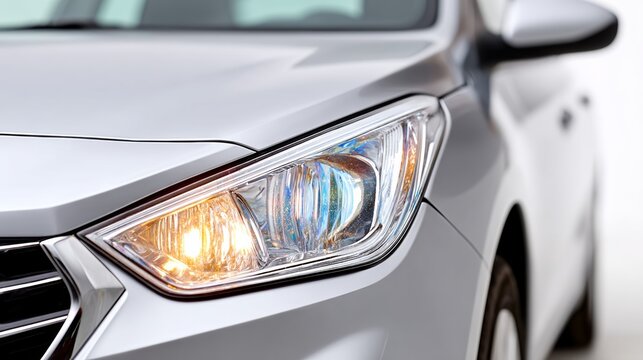 Silver car with a bright headlight. The headlight is lit up and the car is parked