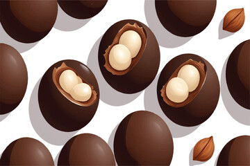 Fototapeta premium Chocolate balls and half with hazelnut isolated on white, top view