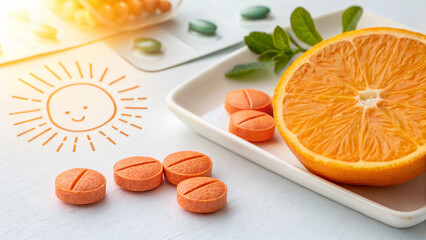 Bright orange vitamin C tablets with a sliced fresh orange, mint leaves, and a cute sun illustration on a white table, suggesting health and immunity.