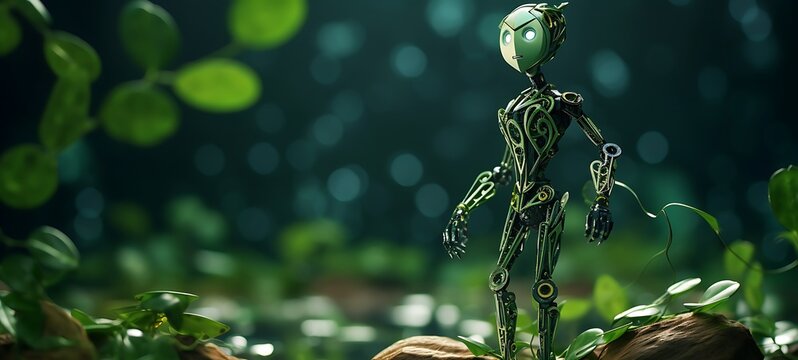 Paper quilling green leaf Dryad Nano Robot full body in a sea of diamonds, ai generative