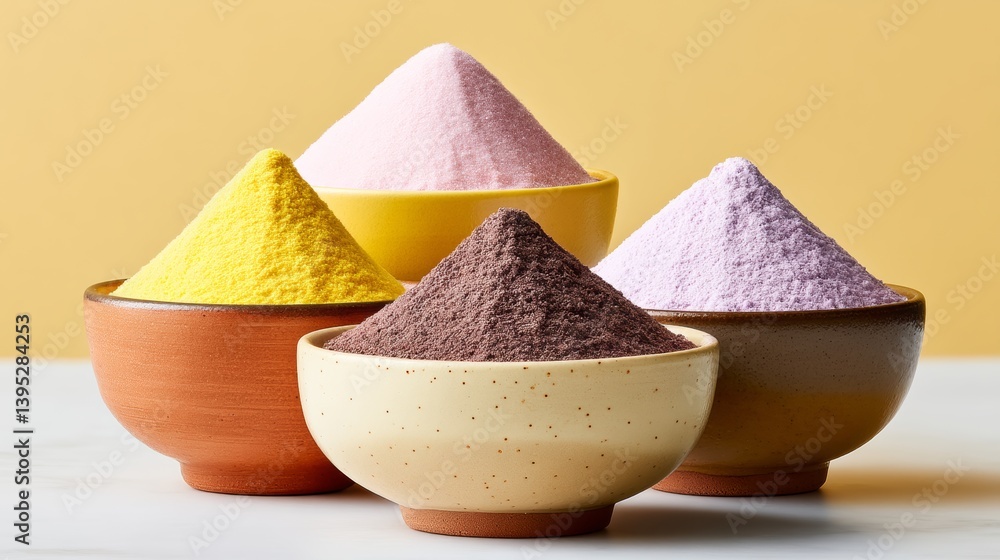 Poster four bowls of different colors and sizes filled with various colored powders. the bowls are arranged