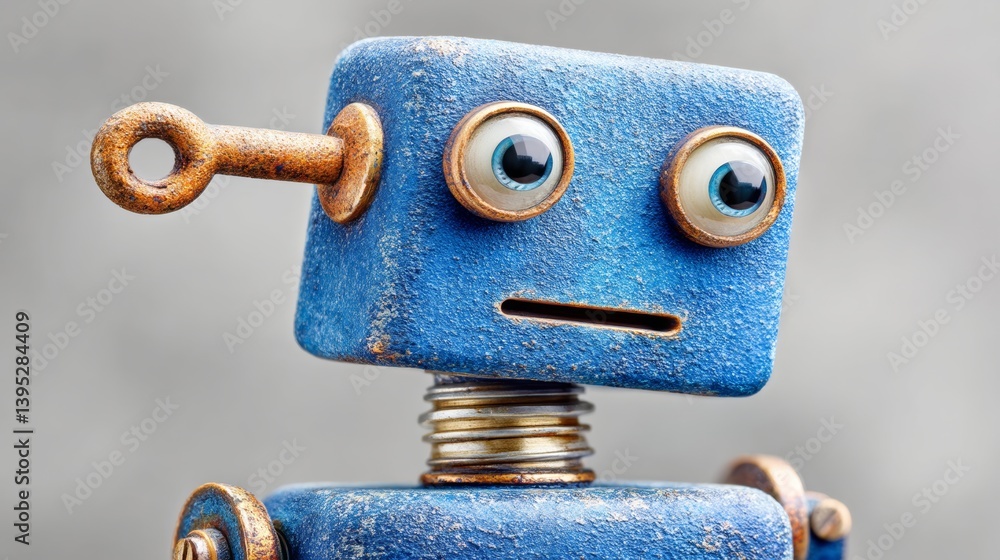 Poster robot with a blue face and a silver eye. the robot is looking at the camera. the robot is old and ru