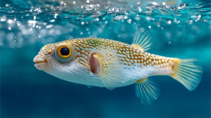 Fish is swimming in the ocean. The fish is small and has a yellow and white color