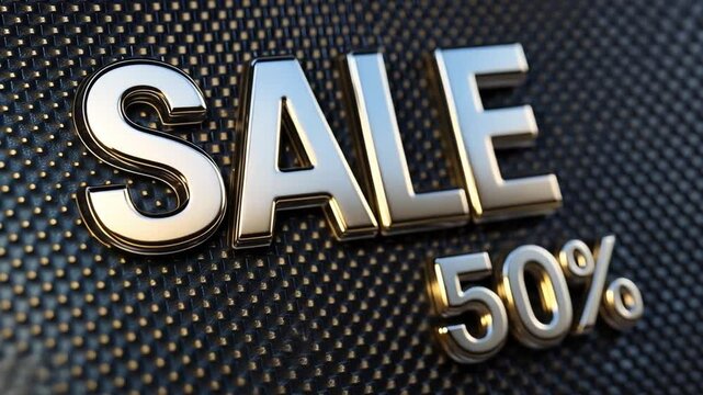Bold golden letters displaying a 50 percent sale draw attention against a dark textured backdrop. This striking visual focuses on attractive retail offers aimed at savvy shoppers