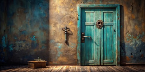 Rustic teal door on textured wall with antique key and wooden box