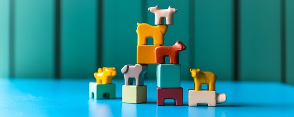 Colorful animal blocks create a playful tower against a teal background showcasing vibrant colors