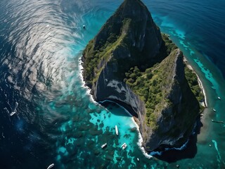 Aerial View of a Rugged Island with Boats in Turquoise Waters