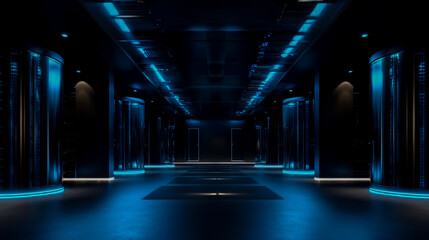 Futuristic server room data center neon lights technology network computing it infrastructure concept