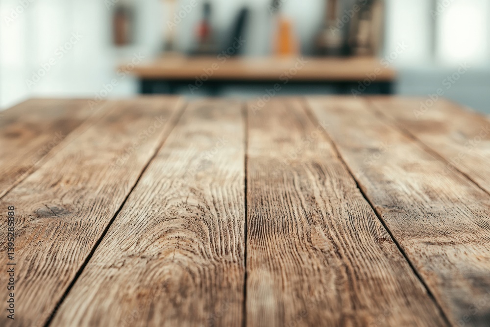 Poster weathered wooden tabletop in blurred workshop setting for crafts and diy projects