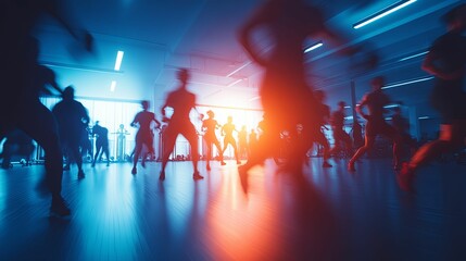 Energetic blurred group of people working out in a gym setting