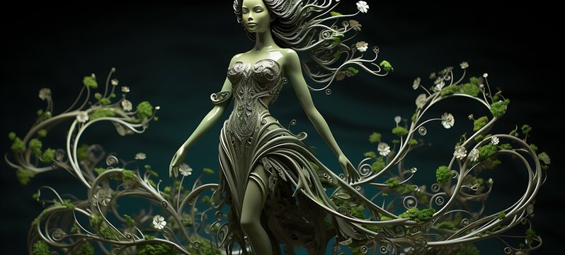 Paper quilling green leaf Dryad Nano Robot full body in a sea of diamonds, ai generative