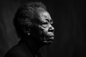 Studio portrait of an elderly woman with tears on her face expressing deep sorrow and reflection in dramatic black and white lighting