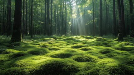 Obraz premium A serene forest scene where sunlight gently filters through tall trees, illuminating a soft, undulating carpet of vibrant green moss. This peaceful woodland evokes a magical and untouched natural beau