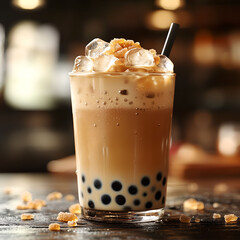 Bubble tea served in a glass on a table