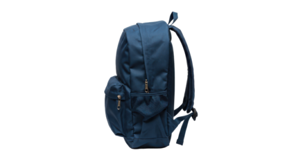 Stylish blue backpack with multiple compartments on a plain background, ideal for travel