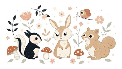 Obraz premium A set of cute woodland animals painted concept Charming illustration of woodland animals surrounded by flowers and mushrooms.